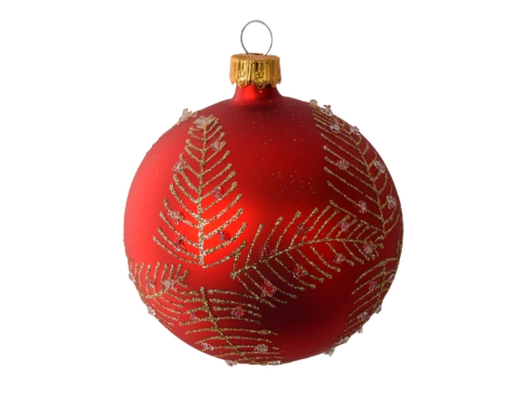 Boule de Noël rouge mate avec un décor raffiné de branches dorées tout autour de la boule. Diamètre 8cm