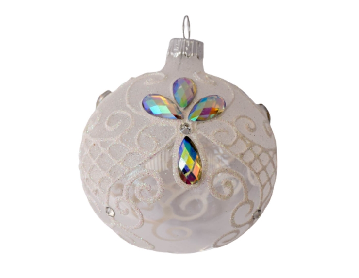 Boule de Noël blanche luxe décor strass verre D 8cm