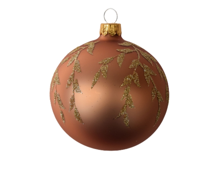 Boule de Noël cuivrée en verre soufflé avec décor feuilles dorées. Diamètre 8cm
