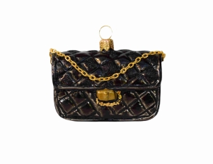 Boule de Noël originale sac de luxe noir avec chaîne dorée verre soufflé H 6cm. Lilosquare. Vue de face