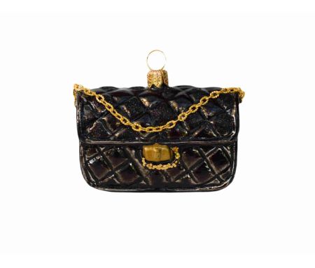 Boule de Noël originale sac de luxe noir avec chaîne dorée verre soufflé H 6cm. Lilosquare. Vue de face