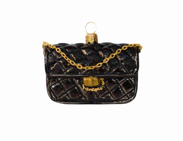 Boule de Noël originale sac de luxe noir avec chaîne dorée verre soufflé H 6cm. Lilosquare. Vue de face