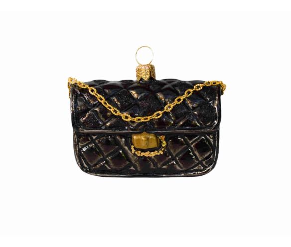 Boule de Noël originale sac de luxe noir avec chaîne dorée verre soufflé H 6cm. Lilosquare. Vue de face