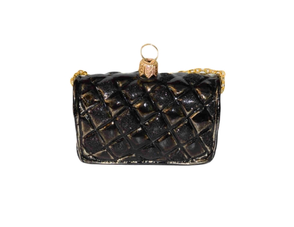 Boule de Noël originale sac de luxe noir avec chaîne dorée verre soufflé H 6cm. Lilosquare. Vue de arrière