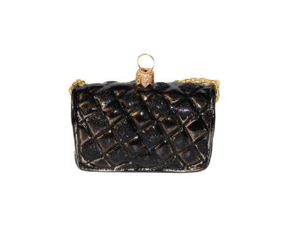 Boule de Noël originale sac de luxe noir avec chaîne dorée verre soufflé H 6cm. Lilosquare. Vue de arrière