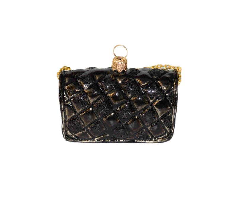Boule de Noël originale sac de luxe noir avec chaîne dorée verre soufflé H 6cm. Lilosquare. Vue de arrière