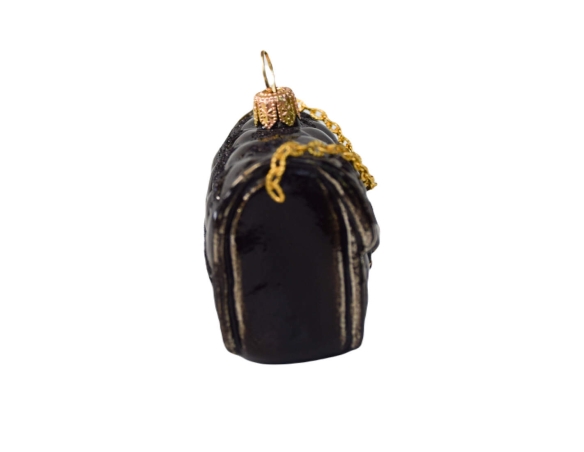 Boule de Noël originale sac de luxe noir avec chaîne dorée verre soufflé H 6cm. Lilosquare. Vue de côté
