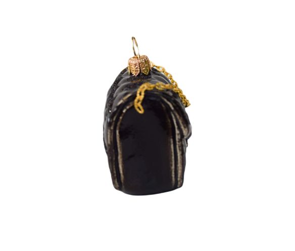 Boule de Noël originale sac de luxe noir avec chaîne dorée verre soufflé H 6cm. Lilosquare. Vue de côté