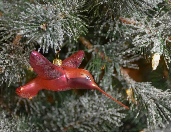Boule de Noël originale colibri orange et rose verre soufflé H 7cm