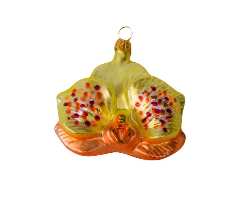 Boule de Noël originale orchidée jaune verre soufflé Hauteur 7cm. Marque Lilosquare