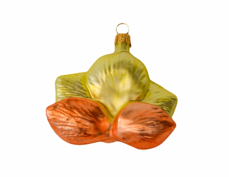 Boule de Noël originale orchidée jaune verre soufflé Hauteur 7cm. Marque Lilosquare