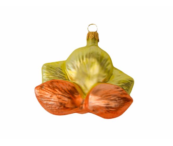 Boule de Noël originale orchidée jaune verre soufflé Hauteur 7cm. Marque Lilosquare