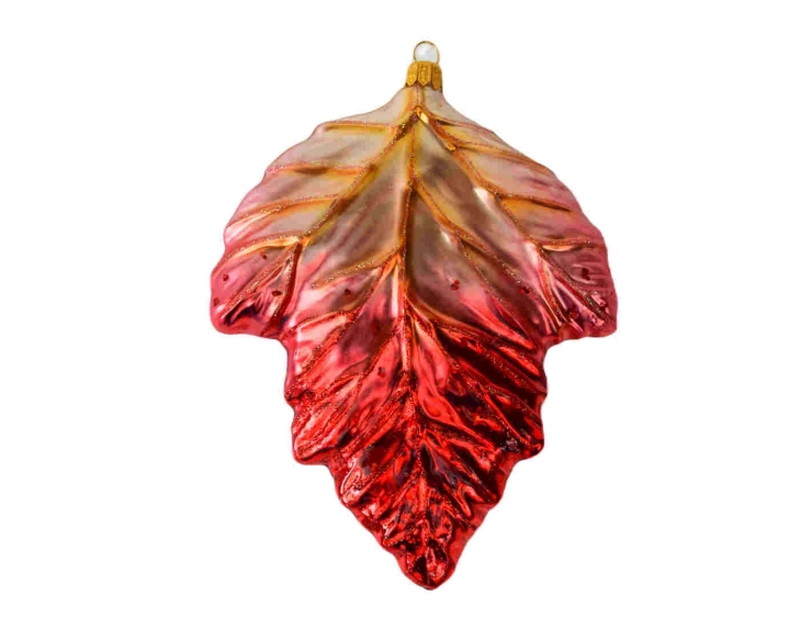 Décoration automnale haut de gamme feuille rouge et doré en verre soufflé recouverte de paillettes. Hauteur 16cm