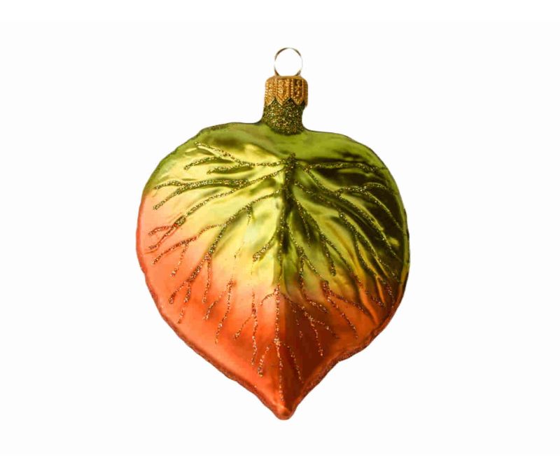 Suspension verre soufflé feuille tilleul dégradé vert orange nervures paillettes dorées mat automne capuchon doré H12cm
