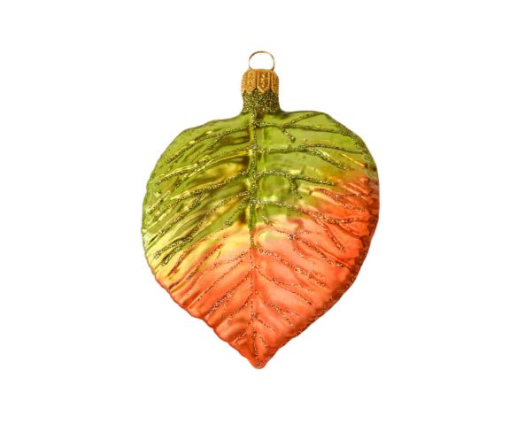Suspension verre soufflé feuille tilleul dégradé vert orange nervures paillettes dorées mat automne capuchon doré H12cm