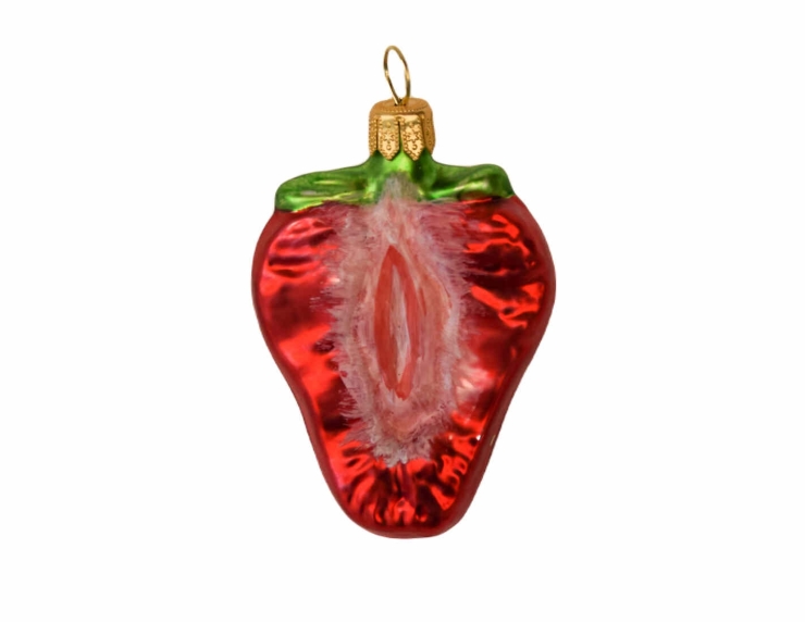 Boule de Noël originale demi fraise verre soufflé H 8cm