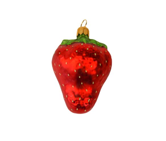 Suspension Noël verre soufflé demi fraise rouge brillant chair rosée pépins sépales verts capuchon doré H8cm