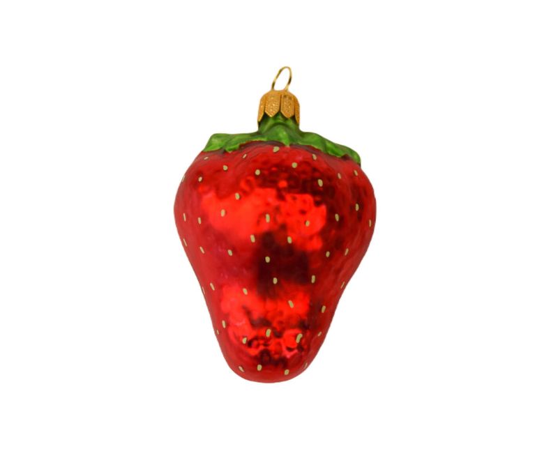 Suspension Noël verre soufflé demi fraise rouge brillant chair rosée pépins sépales verts capuchon doré H8cm