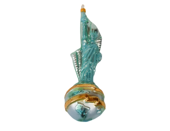 Suspension de Noël en verre soufflé statue de la liberté turquoise et dorée. Hauteur 20cm.