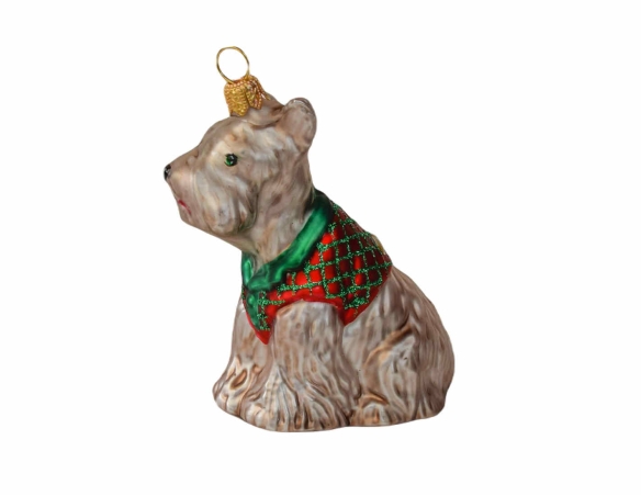Suspension de Noël chien fox terrier gris avec son petit manteau d'hiver rouge et vert. Hauteur 10cm.