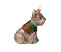 See slide Suspension de Noël chien fox terrier gris avec son petit manteau d'hiver rouge et vert. Hauteur 10cm.