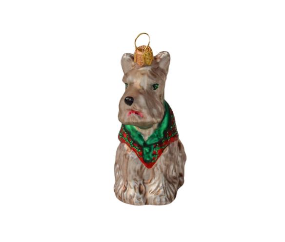 Suspension de Noël chien fox terrier gris avec son petit manteau d'hiver rouge et vert. Hauteur 10cm.