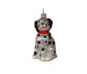 Voir la slide Suspension de Noël chien dalmatien blanc avec taches noires et collier rouge. Hauteur 9cm, en verre soufflé.