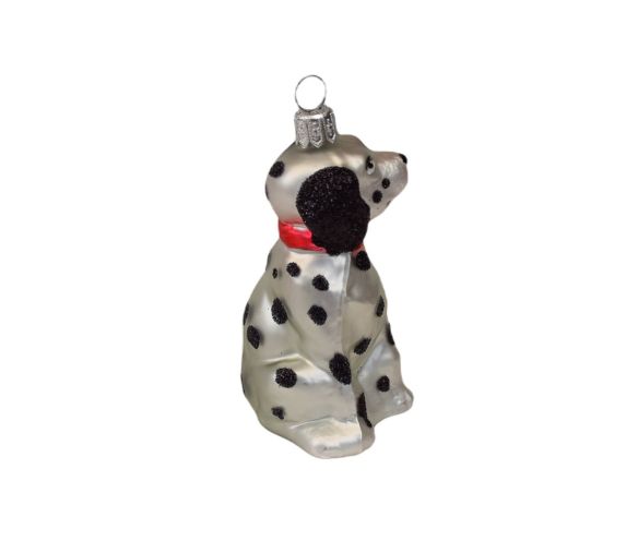 Suspension de Noël chien dalmatien blanc avec taches noires et collier rouge. Hauteur 9cm, en verre soufflé.
