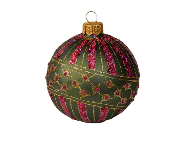 Boule de Noël vert kaki mat avec des décors scintillants en paillettes dorées et roses. Diamètre 8cm.