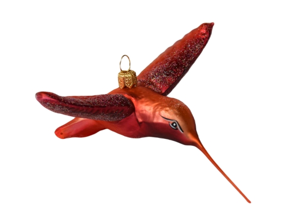 Boule de Noël originale colibri orange et rose verre soufflé H 7cm