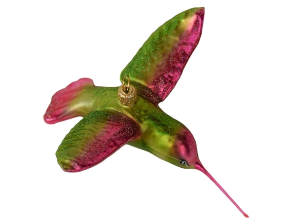 Suspension de Noël en verre soufflé petit colibri aux couleurs flashy rose et vert. Hauteur 7cm.