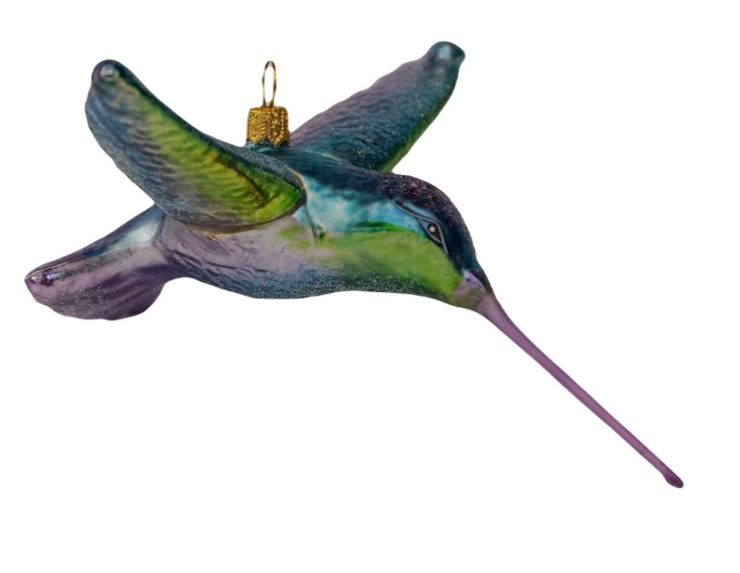 Suspension de Noël originale colibri mauve verre soufflé H 7cm