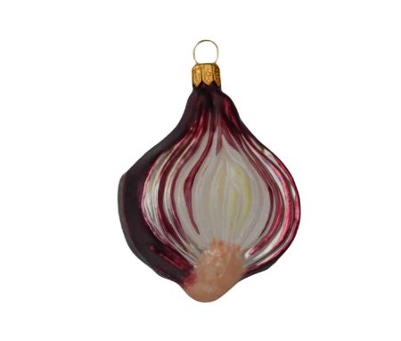 Boule de Noël originale oignon rouge en verre soufflé avec détails très réaliste. Hauteur 9cm.