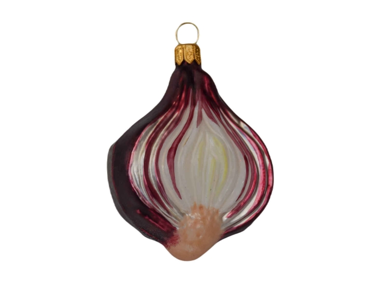 Boule de Noël originale oignon rouge en verre soufflé avec détails très réaliste. Hauteur 9cm.