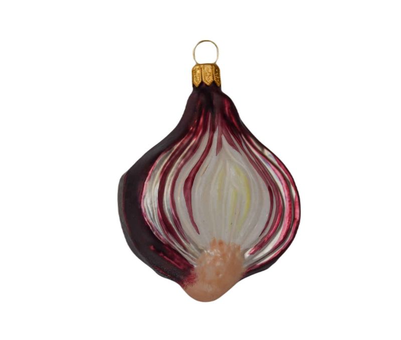 Boule de Noël originale oignon rouge en verre soufflé avec détails très réaliste. Hauteur 9cm.