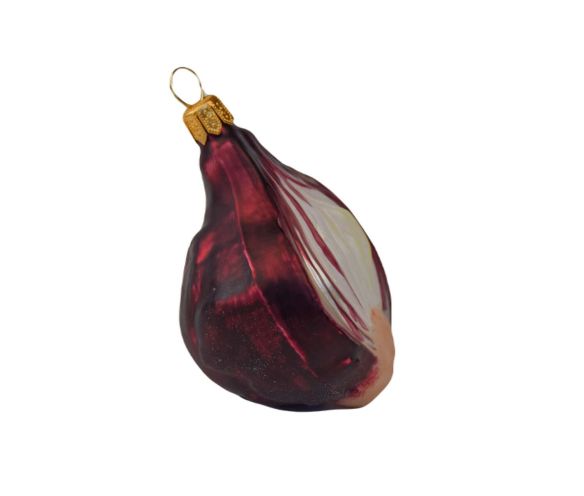 Boule de Noël originale oignon rouge en verre soufflé avec détails très réaliste. Hauteur 9cm.