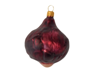 Boule de Noël originale oignon rouge en verre soufflé avec détails très réaliste. Hauteur 9cm.
