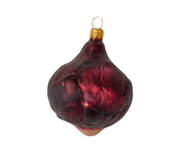 Boule de Noël originale oignon rouge en verre soufflé avec détails très réaliste. Hauteur 9cm.