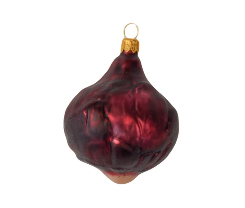 Boule de Noël originale oignon rouge en verre soufflé avec détails très réaliste. Hauteur 9cm.