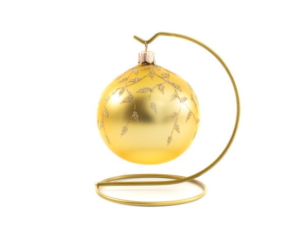 Boule de Noël dorée matte décor feuilles dorées en paillettes diamètre 8cm