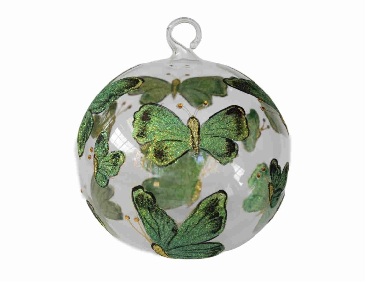 Boule de Noël transparente papillons verts verre soufflé D 10cm