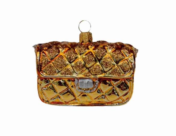 Suspension de Noël sac de luxe doré verre soufflé H 5cm
