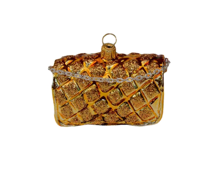 Suspension de Noël sac de luxe doré verre soufflé H 5cm