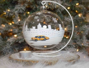 Photophore de Noël New York verre soufflé avec support D 15cm
