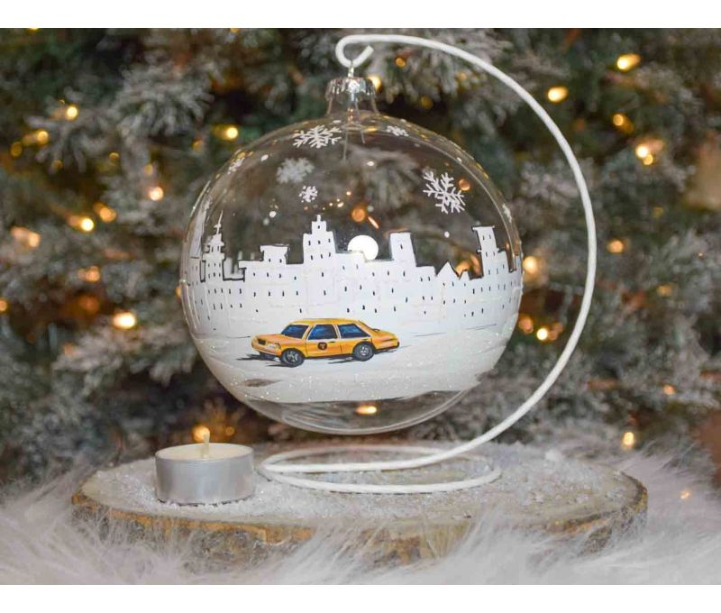 Photophore de Noël New York verre soufflé avec support D 15cm