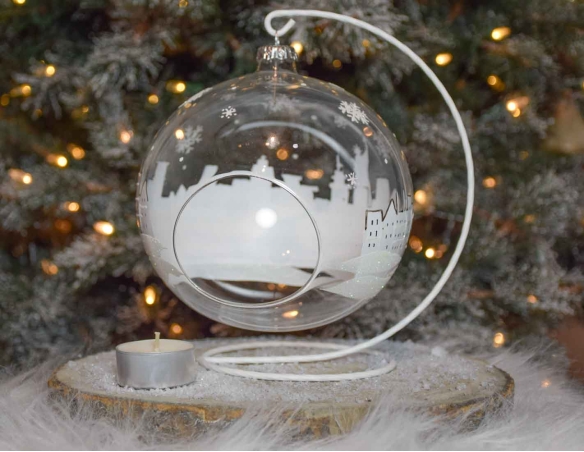 Photophore de Noël New York verre soufflé avec support D 15cm