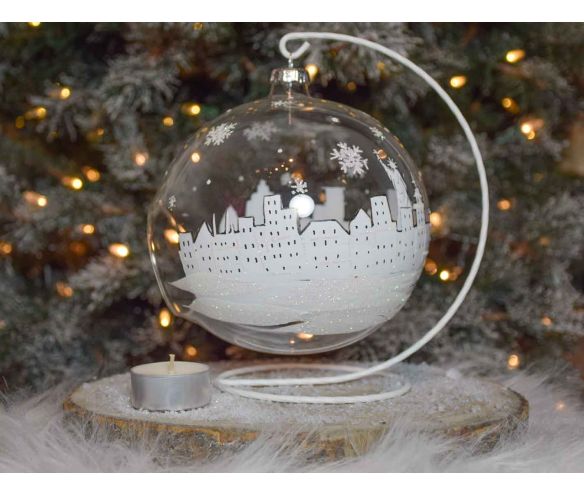 Photophore de Noël New York verre soufflé avec support D 15cm