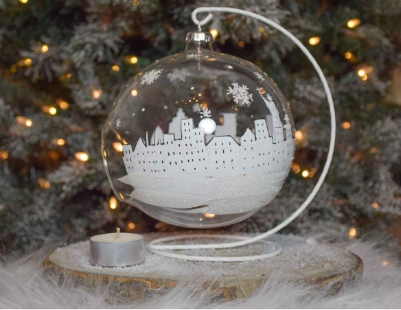 Photophore de Noël New York verre soufflé avec support D 15cm