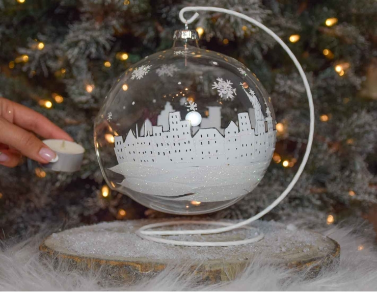 Photophore de Noël New York verre soufflé avec support D 15cm