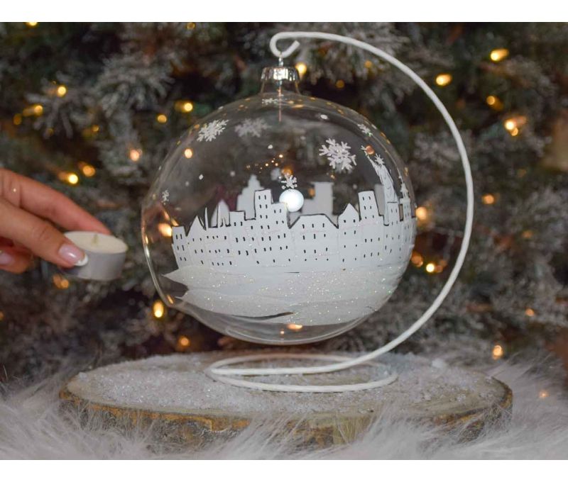 Photophore de Noël New York verre soufflé avec support D 15cm